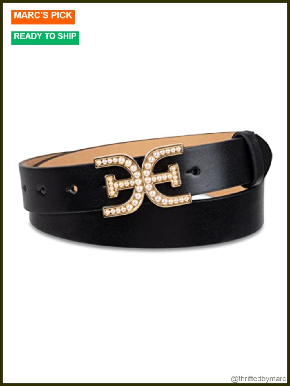 Imitation Pearl Embellished Double-E Logo Buckle Leather Belt